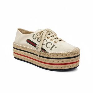 Gucci Web Accent Canvas Platform Espadrilles 37 Logo Lace Up Sneakers W/Box